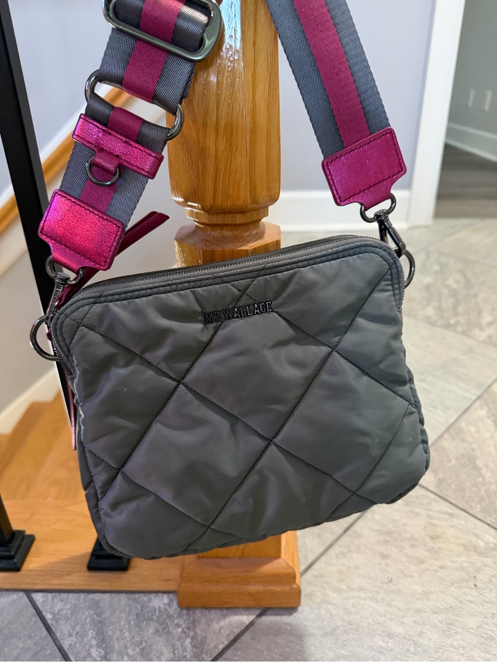 MZ Wallace Quilted Crossbody in Charcoal with Pink Strap - Picture 2 of 6